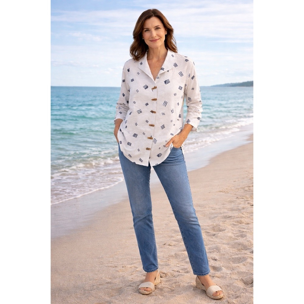 Ali‎ Miles Top Women's Lg Striped Button Up Tunic Coastal Nautical Shirt Cruise